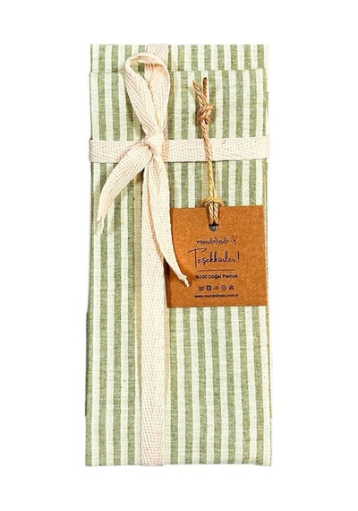%100 Pamuk İpliği Boyalı Çizgili Tek Kişilik Yastık Kılıfı 2'li Set - 50x70 Cm Naturel Cep Detaylı Yeşil