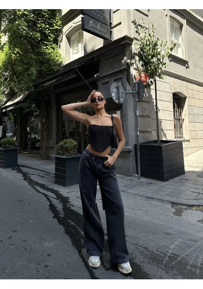 Kadın Arkadan Yırtmaçlı Jeans Kot Palazzo Pantolon - Siyah