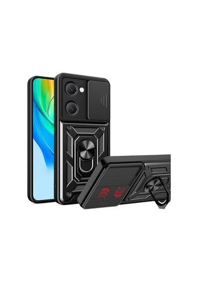 Vivo Y18e Uyumlu Tank Kılıf - Yüzüklü Standlı Extra Darbe Koruma Zırhlı Outdoor Kapak - Siyah