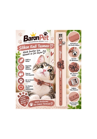 Silikon Kedi Tasması Gül Kurusu Kelebek Detaylı Zilli Suya Dayanıklı Ayarlanabilir Boyun Tasması Diğer
