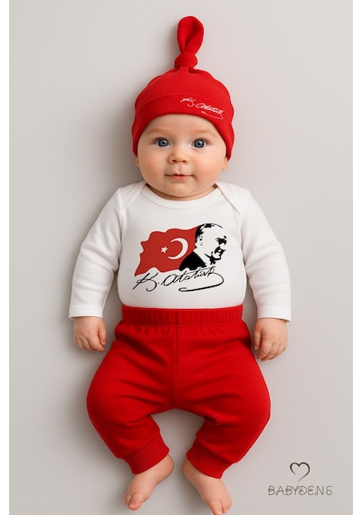Babyden's Atatürk Baskılı 3 Lü Bebek Takımı %100 Pamuk Uzun Kollu Çıtçıtlı Body Pantolon Şapka Yenidoğan Seti Kırmızı - Beyaz
