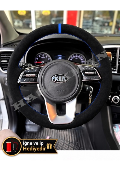 Kia Soul Dikme Direksiyon Kılıfı Full Alcantara Süet Mavi Yüzük Ve Mavi Dikiş 2014-2019 Siyah