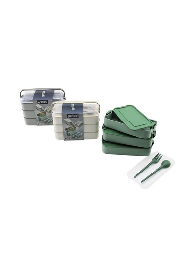 Beslenme Kutusu 3 Katlı X 420ml - Çatal - Kaşık - Tekli Taşıma Kulp Renkli Plastik 5468 Çok Renkli