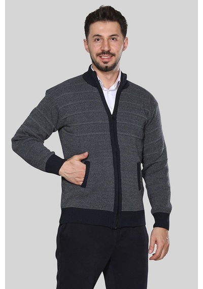 Kzctekstil Erkek Triko Akrilik Kalın Dokulu Klasik Fit Fermuarlı Cepli Kışlık Baba Hırka Lacivert