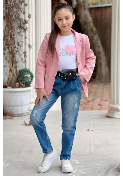 Riccotarz Kız Çocuk Kalp Ve Little Baskılı Tişört Ve Jean Pudra Blazer Ceket Alt Üst Takım Pudra Riccotarz Kız Çocuk Kalp Ve Little Baskılı Tişört Ve Jean Pudra Blazer Ceket Alt Üst Takım Pudra