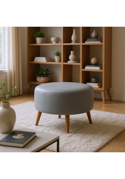 Azra Mobilya Gri Yuvarlak Deri Puf 60 Cm Çap, 46 Cm Yükseklik, Modern Ceviz Ayaklı Gri