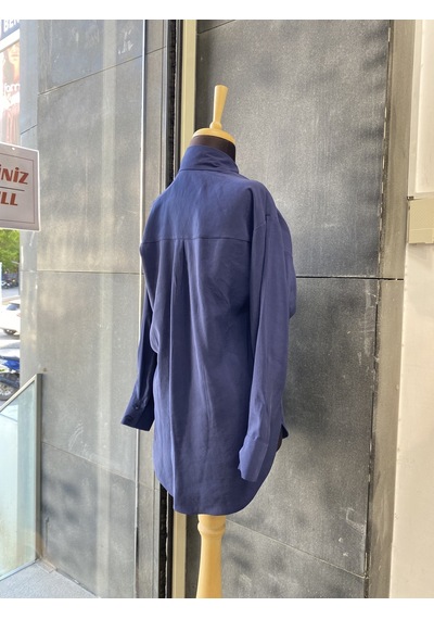 Pera Moda Yakası Taşlı Modal Kumaş Oversize Kadın Gömleği İndigo