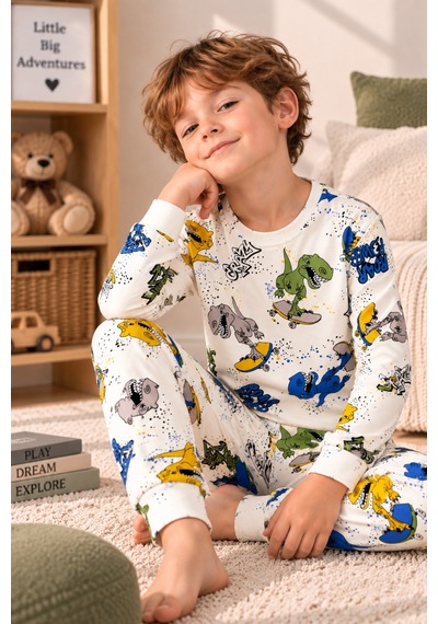 Free Beka Desenli Bisiklet Yaka %100 Pamuklu İnterlok Kumaş Erkek Çocuk Uzun Kollu Pijama Takımı Krem Free Beka Desenli Bisiklet Yaka %100 Pamuklu İnterlok Kumaş Erkek Çocuk Uzun Kollu Pijama Takımı Krem