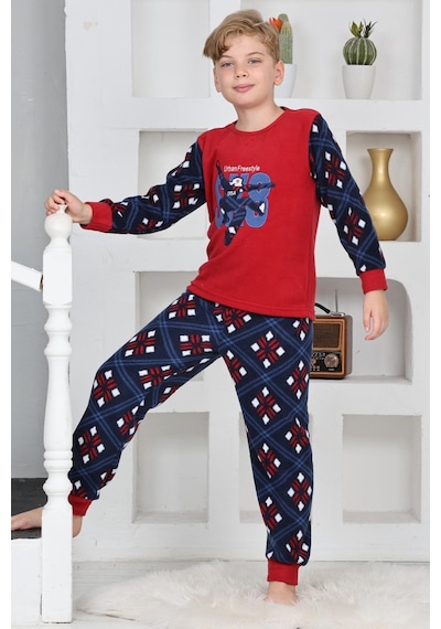 Yeni Sezon Sonbahar/kış Erkek Çocuk Skate 8 Desenli Polar Pijama Takımı 4536 Kırmızı