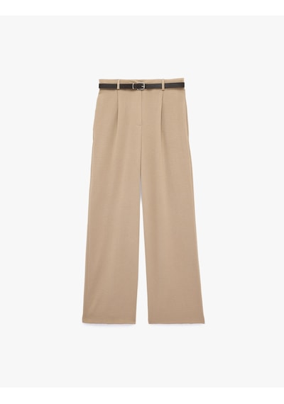 Koton Keten Görünümlü Straight Fit Cepli Kemerli Geniş Paça Palazzo Pantolon Vizon 6sak40383pw Taba