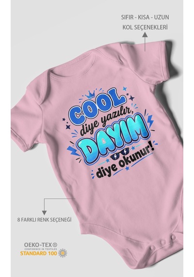 Morivokids Cool Diye Yazılır Dayım Diye Okunur Kısa Kollu Bebek Body %100 Pamuk Koyu Pembe