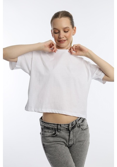 Kadin Oversize Fit Crop Tişört Beyaz