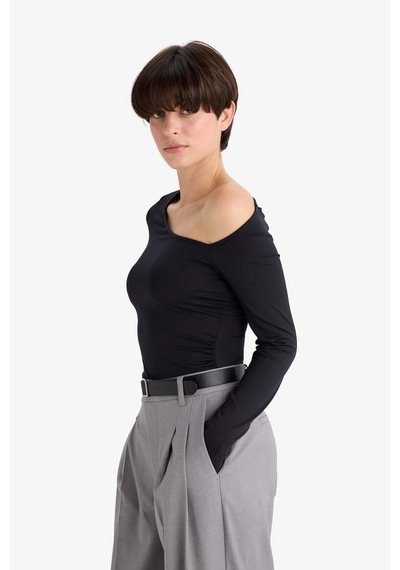 Defacto Slim Fit Dar Kesim Tek Omuzlu Uzun Kollu Body G5965ax25wnbk81 Siyah-bk81