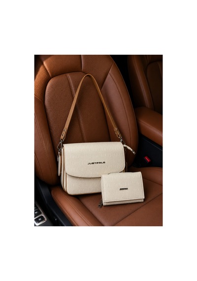 Just Polo Kadın Büyük Boy Ayarlanabilir Askılı Şık Omuz Çantası Ve Cüzdanı Kombin Shopper Krem - Camel