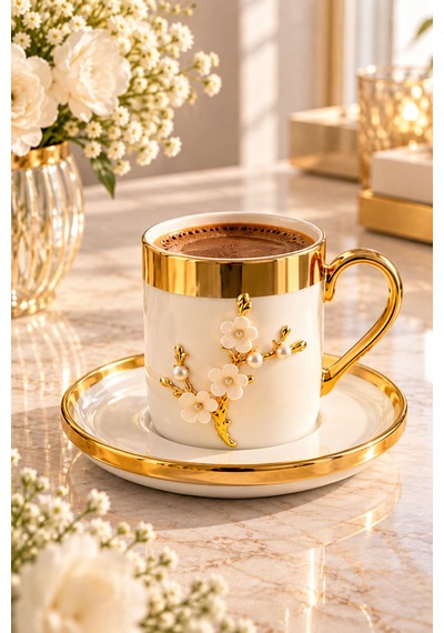 6 Kişilik 12 Parça Lüks Gold Kaplama İnci Lotus Dallı Kahve Fincan Takımı Seti 100ml - Sunum Fincanı Altın - Beyaz