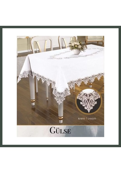 Bezos Keten Tek Masa Örtüsü Tablecloth 155x260 Cm Dantelli Yemek Masası Örtüsü Gülse Model Krem Nhr