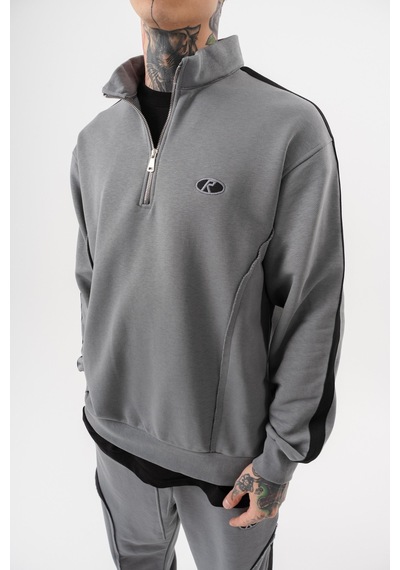 Respire Erkek Pis Dikiş Detaylı Yarım Fermuarlı Diagonel Sweatshirt Gri