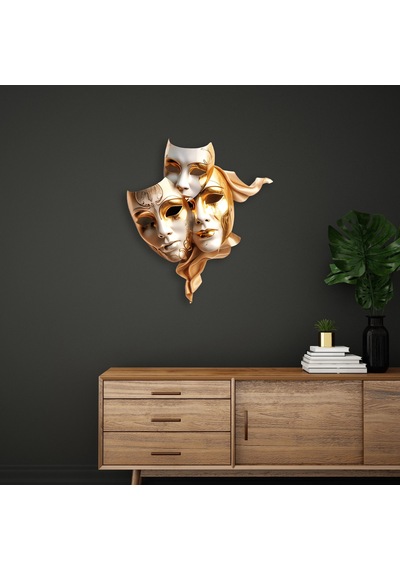 Altın Tiyatro Maskeleri - Metal Tablo - Dec0097 58 X 65 Cm Çok Renkli