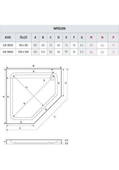 Shower 100X100 Beşgen Duş Teknesi Flat