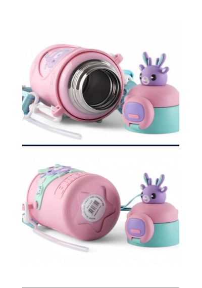 Denizhomecollection 450ml 316 Paslanmaz Çelik Çocuk Termosu, Karikatür Hayvanlar Öğrenci Termosu 1 Kat Pembe