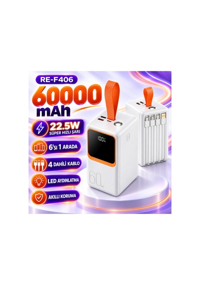 60000 Mah 22.5w Hızlı Şarj Powerbank 6 Çıkışlı Dahili 3 Kablolu Led Fenerli Dijital Göstergeli- Re-f406 Diğer