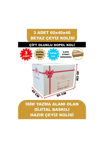 3 Adet 60x40x40 Kurdale Baskılı Beyaz Çeyiz Kolisi, İsim Yazma Alanı Renkli Baskı, Çift Oluklu