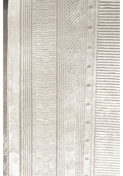 Parlak Saten Dokulu Poem Bambu Tuşe Klasik Çerçeve Desenli Halı Pm10 Beyaz Krem