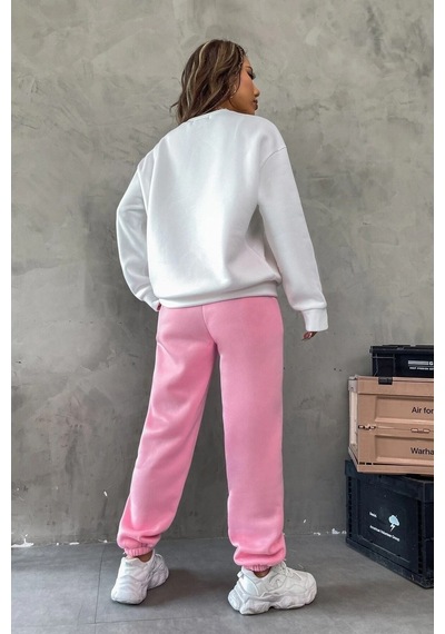 1898 Brooklyn Eşofman Takımı Sweatshirt Jogger - Beyaz Pembe Baskılı Oversize Şardonlu Bisiklet Yak Beyaz Pembe