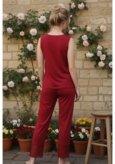 Siyah İnci Dantel Detaylı Kolsuz Örme Viskon Pijama Takım26120751 Bordo