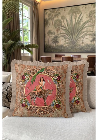 Barok Vintage Saçaklı Yastık Kılıfı - Nostaljik Pembe Leopar Yeşil Bohem Püsküllü Kırlent Kılıfı Çok Renkli
