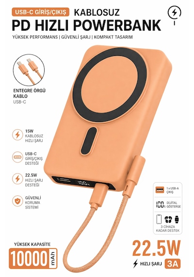 10000mah Magsafe Wireless Powerbank 22.5w Pd Hızlı Şarj Usb-c Dahili Kablo Turuncu