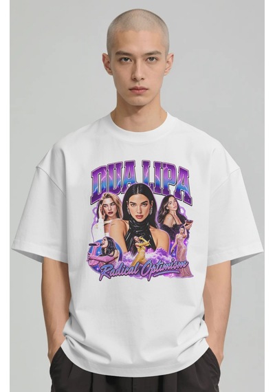 Sevbano Dua Lipa Şarkıcı Baskılı Unisex Oversize Premium Tişört Beyaz