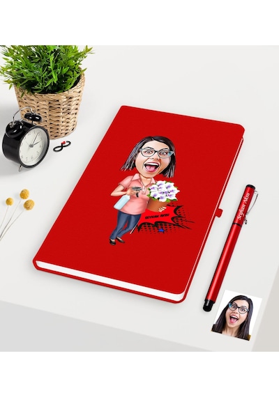 Kişiye Özel Ev Hanımı Anne Karikatürlü Kırmızı Defter Kalem Seti N11.1936 Kırmızı