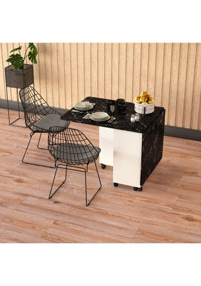 Asra Trend Akıllı Katlanır Mutfak Masası KM-15 %100 MDF Tekerlekli Yemek Masası Beyaz Royal Mermer Asra Trend Akıllı Katlanır Mutfak Masası KM-15 %100 MDF Tekerlekli Yemek Masası Beyaz Royal Mermer