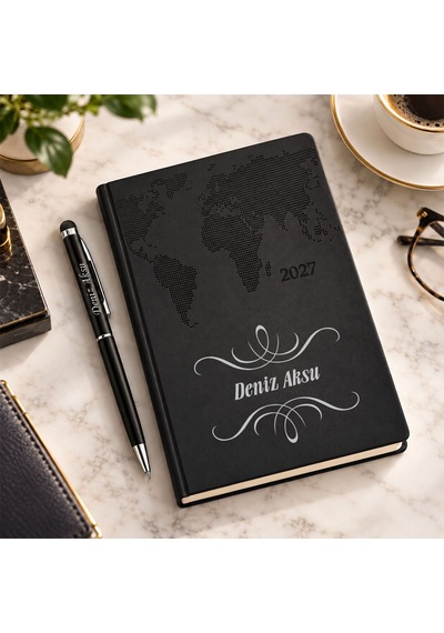 Bk Gift Kişiye Özel 378 Termo Deri Tarihli Ajanda & Siyah Touch Pen Tükenmez Kalem-1