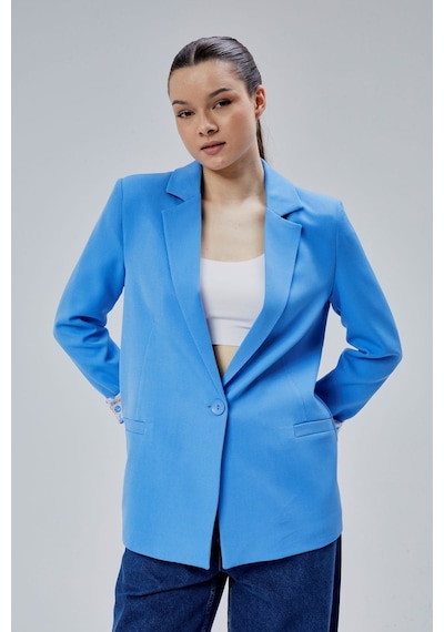 Koyu Mavi Kruvaze Yaka Kolu Katlama Detaylı Regular Vatkalı Blazer Ceket Mavi