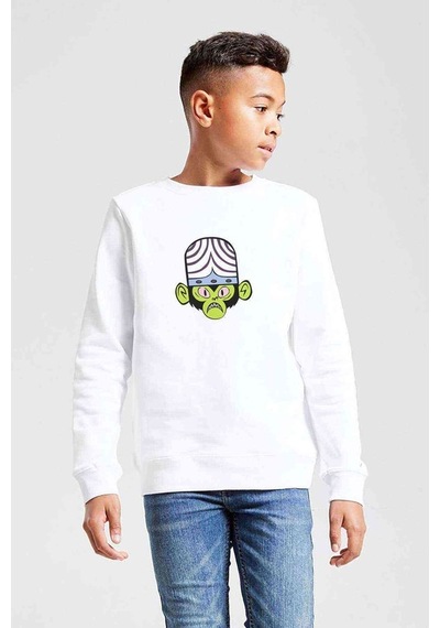 Tshirthane Powerpuff Girls Mojo Jojo Baskılı Unisex Çocuk Beyaz Sweatshirt