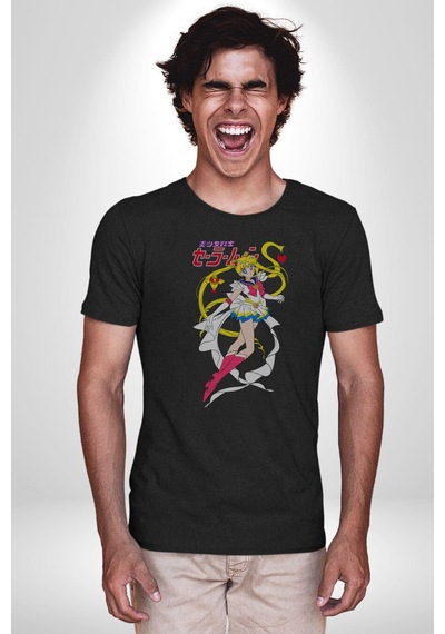 Sailor Moon Anime Usagi Tsukino Unisex Unisex Siyah Organik Baskılı T-shirt Penye Yüksek Kalite Siyah