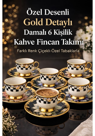 Porselen Gold Ayaklı Renkli Tombul Dama Desenli 6 Lı Türk Kahve Fincan Takımı-balsa Fincan Takımı Sarı - Çok Renkli Porselen Gold Ayaklı Renkli Tombul Dama Desenli 6 Lı Türk Kahve Fincan Takımı-balsa Fincan Takımı Sarı - Çok Renkli