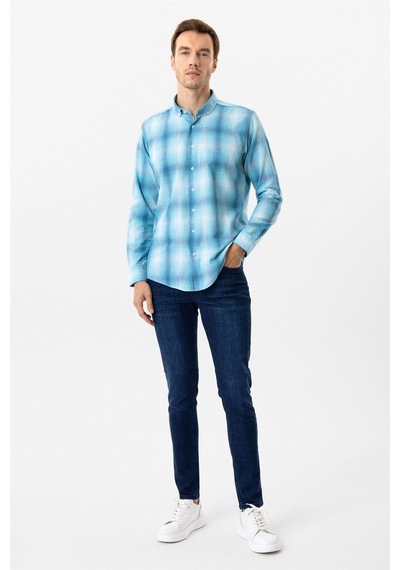 Süvari Turkuaz Slim Fit Desenli Düğmeli Yaka Gömlek