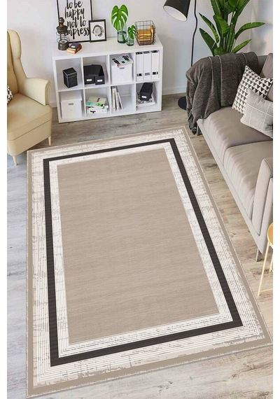 Bej Kaymaz Tabanlı Çerçeveli Salon Halısı Ar1420n11
