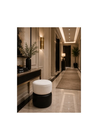 Özel Yuvarlak Hakiki Deri Puf Şıklığıyla Ortamın Havasını Değiştirir Beyaz Siyah - 878146392 Beyaz Siyah