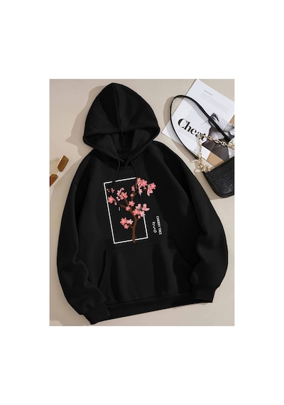 Medinenur Cherry Baskılı Kapüşonlu Sweatshirt Siyah