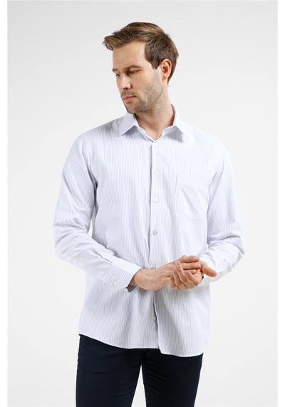 İmza Beyaz-mavi Çizgili Desen Sert Yaka Uzun Kol Cepli Comfort Fit Pamuklu Gömlek 1004255275 Beyaz - K.mavi