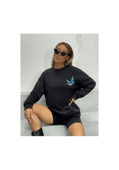 Blackjack Giyim - Blackjackgiyim Kadın Siyah Oversize Mavi Kelebek Baskılı Bisiklet Yaka siyah