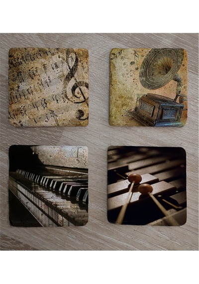 Gramofon Piano Ksilofon Ve Notalar Doğal Taş Bardak Altlığı 4'lü Set - Natural Stone Coasters - Taş Çok Renkli