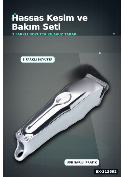 3 Başlıklı Şarjlı Tıraş Makinesi 14cm Paslanmaz Çelik Taraklı Ense Sakal Saç İçin Bx-313692