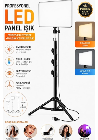Led Video Işık Seti - Ayarlanabilir Tripod, Usb Kontrollü Sıcak/soğuk Işık, 3 Mod & 10 Parlaklık Seviyesi, Youtu