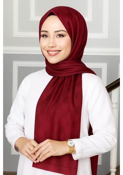Mim Eşarp Emproyal Silver Jakar Dama Desenli Şal 75x190 Cm Bordo