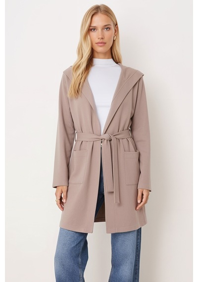 Armonika Kadın Bej Beli Kuşaklı Cepli Kapüşonlu Oversize Kaşe Kaban Arm-26k001025